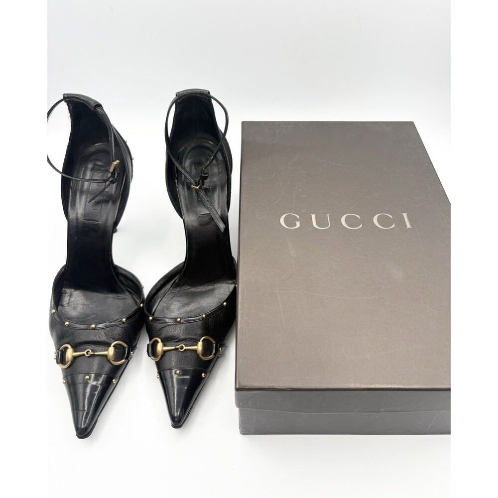 Gucci Black Leather Horsebit Studded Pointed Toe Ankle Strap Heels Size EU 38 - Picture 14 of 14